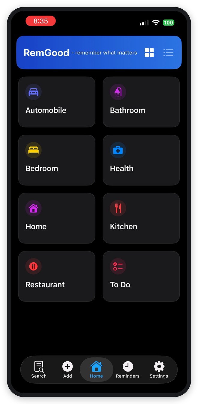RemGood Home tab showing a grid of categories including Automobile, Bathroom, Bedroom, Health, Home, Kitchen, Restaurant and To Do, framed in an iPhone mockup