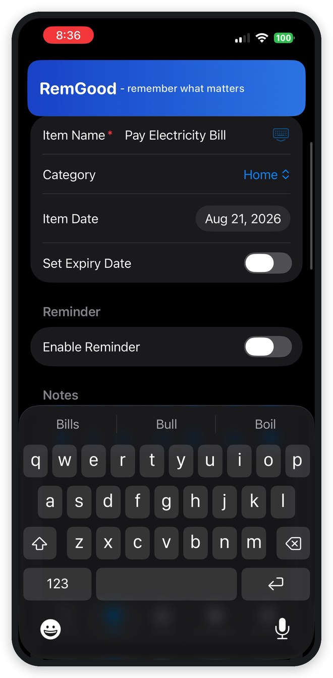 RemGood Add screen with an item named Pay Electricity Bill, a category of Home and an item date, framed in an iPhone mockup
