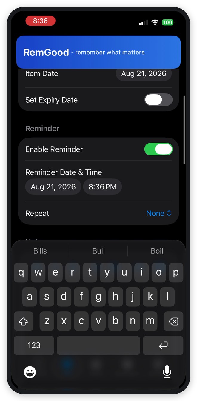 RemGood reminder settings with Enable Reminder switched on, a reminder date and time, and a Repeat field, framed in an iPhone mockup