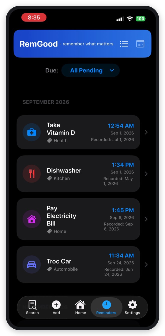 RemGood Reminders tab showing items grouped under September 2026 including Take Vitamin D, Dishwasher, Pay Electricity Bill and Troc Car, framed in an iPhone mockup
