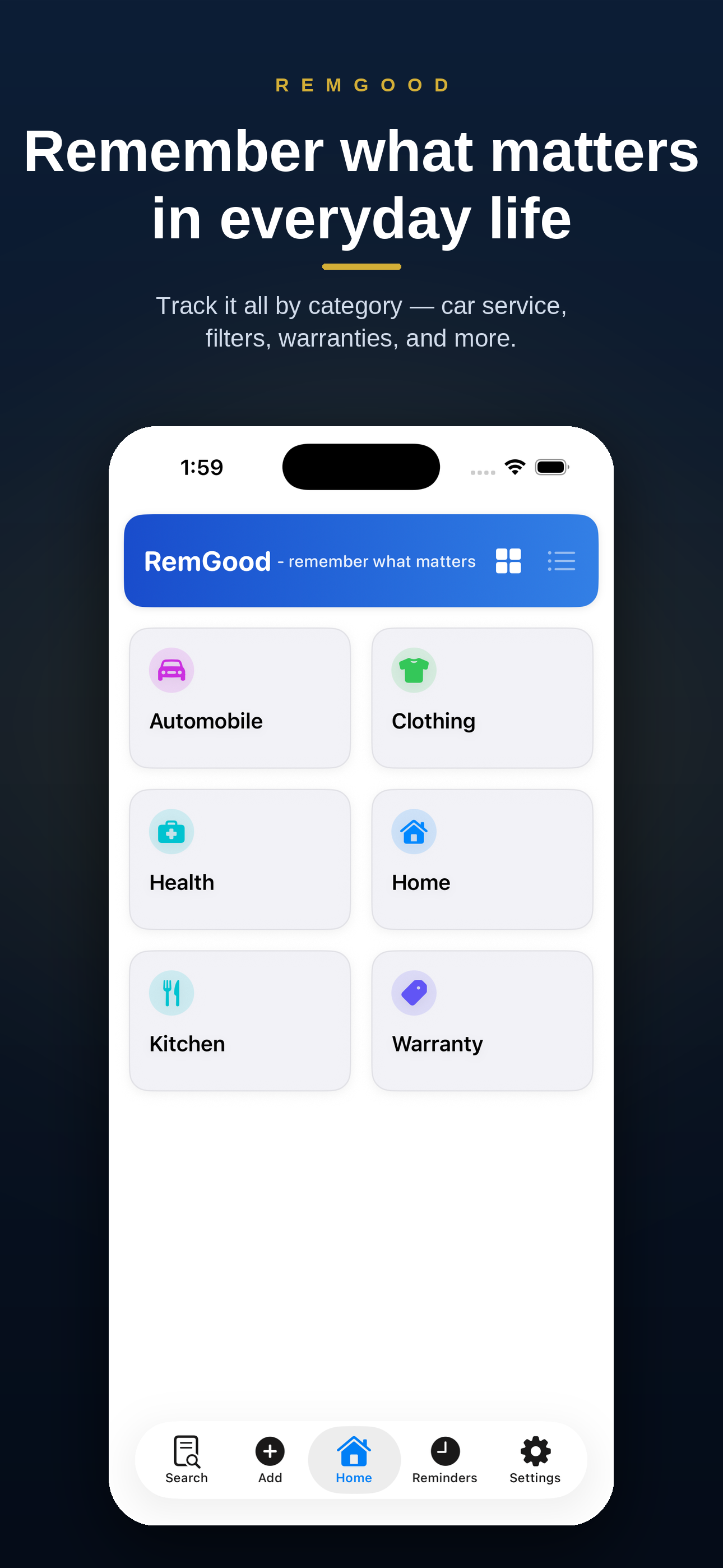 RemGood categories screen