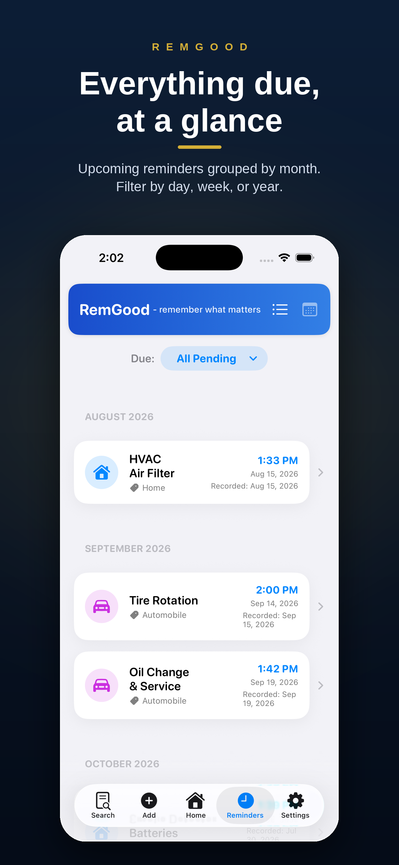 RemGood reminders screen