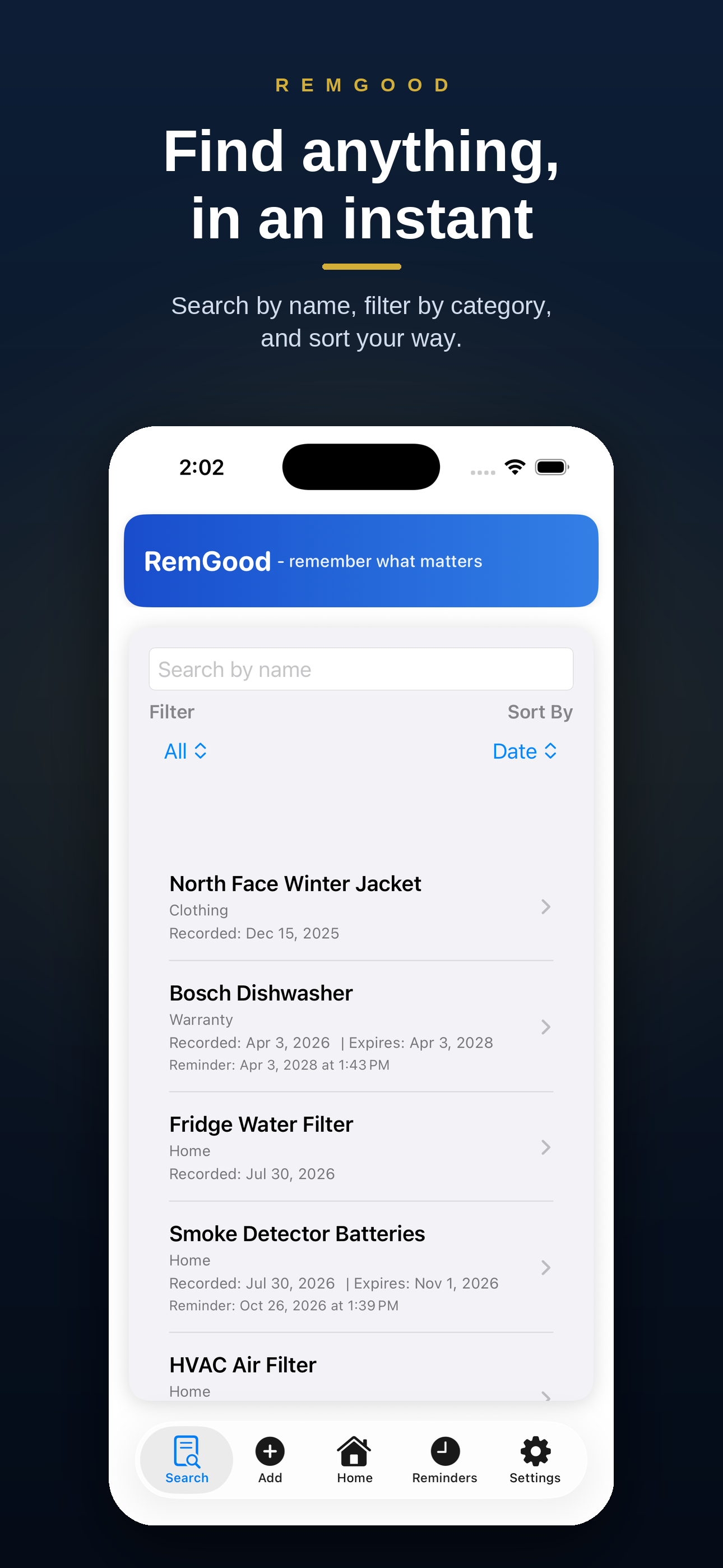 RemGood search screen