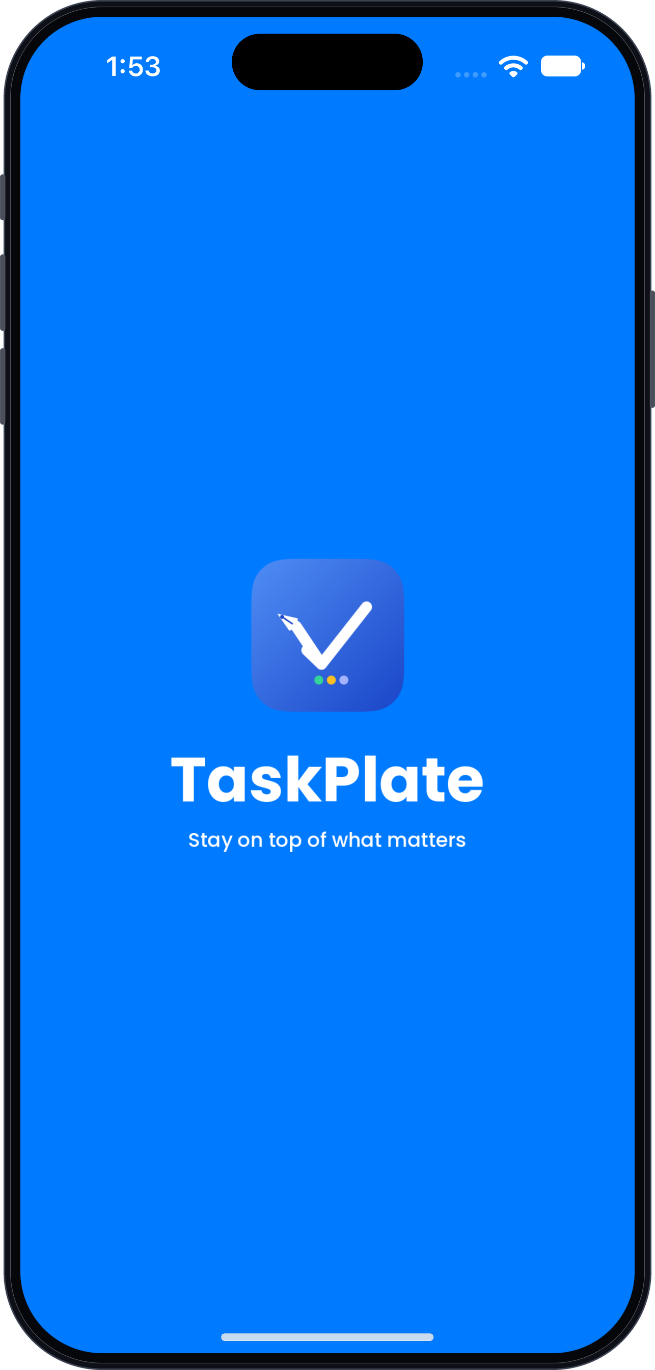 TaskPlate launch screen with logo, framed in an iPhone mockup