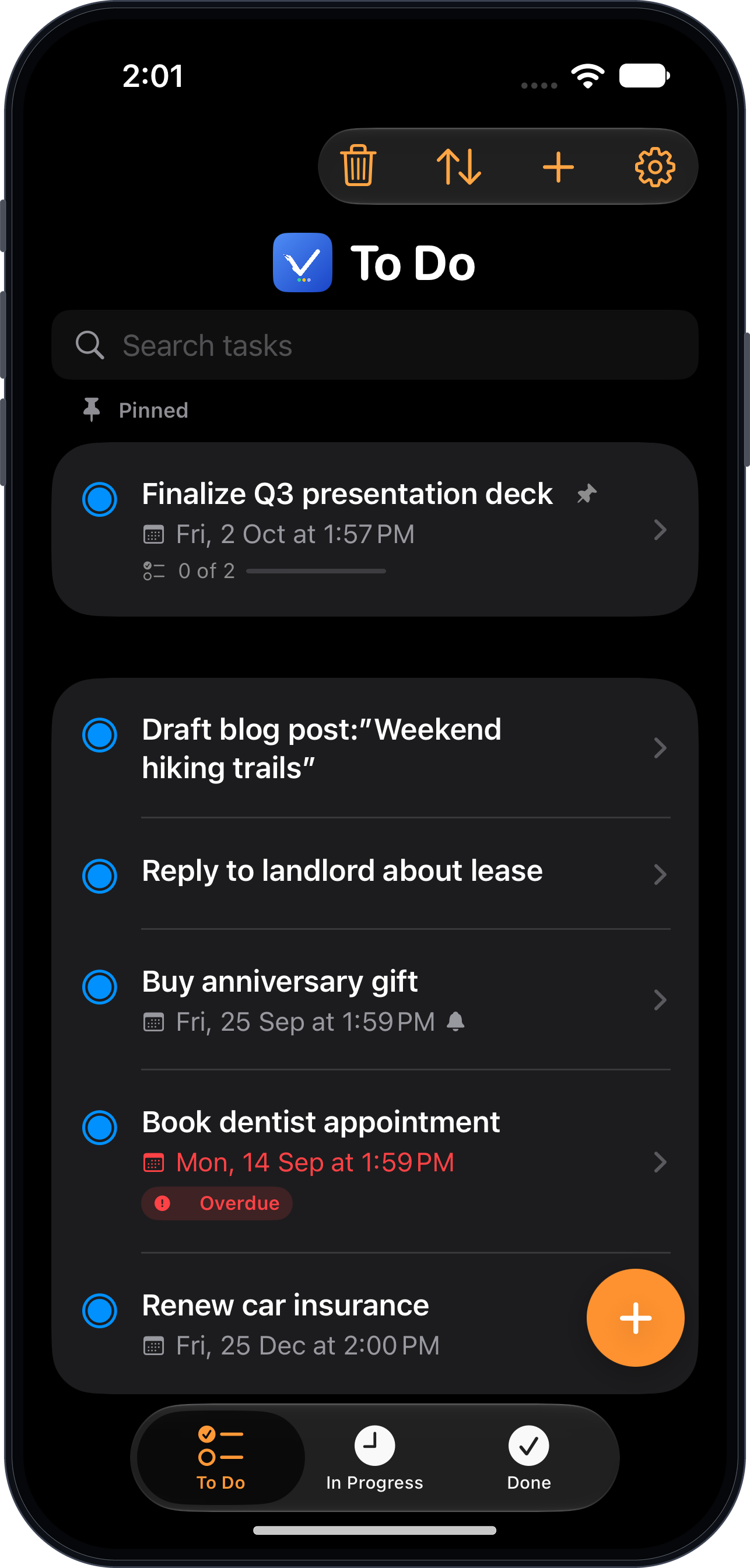 TaskPlate To Do list showing a pinned task and a task with a due date, framed in an iPhone mockup