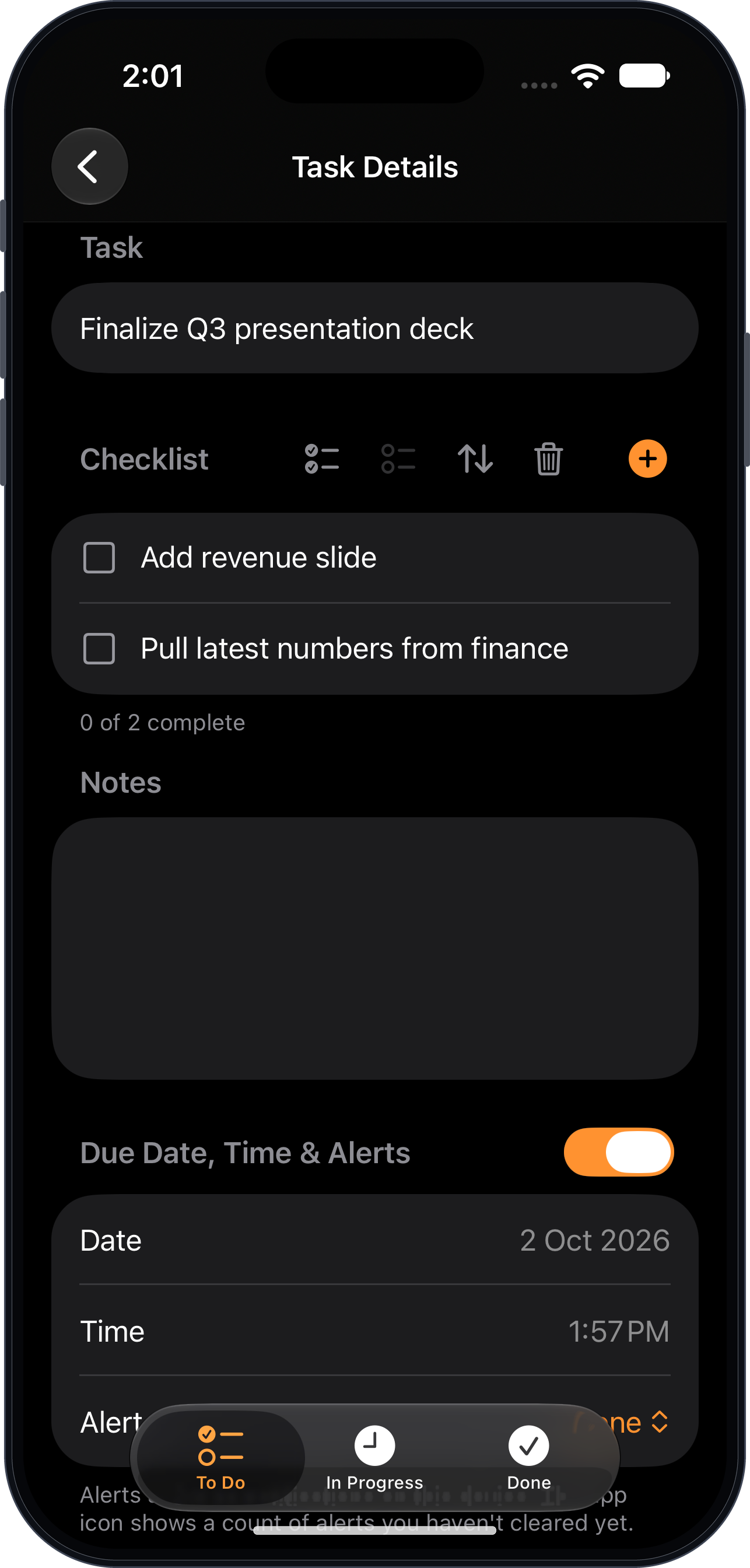 TaskPlate task details screen showing a checklist, notes, and due date settings, framed in an iPhone mockup