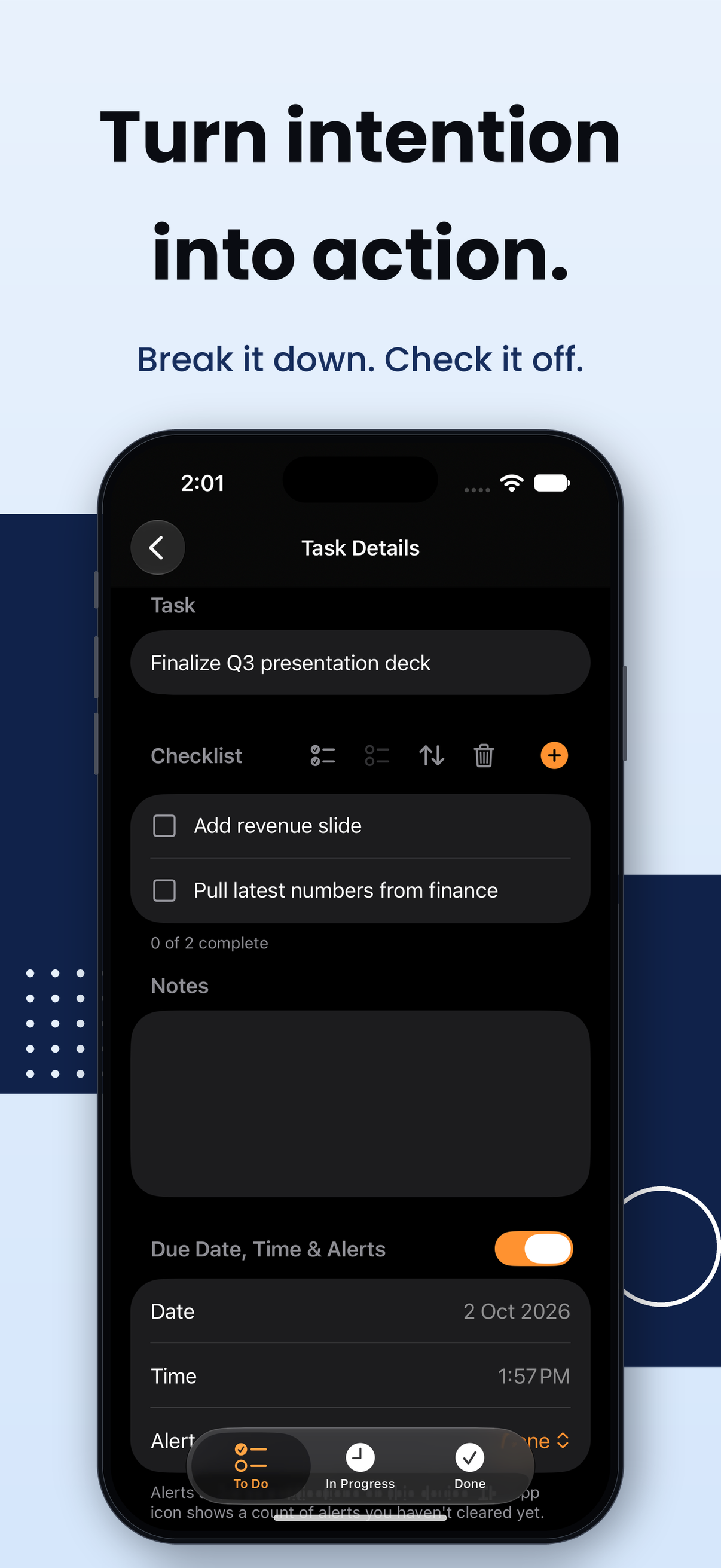 TaskPlate task details showing a checklist, notes and alert settings