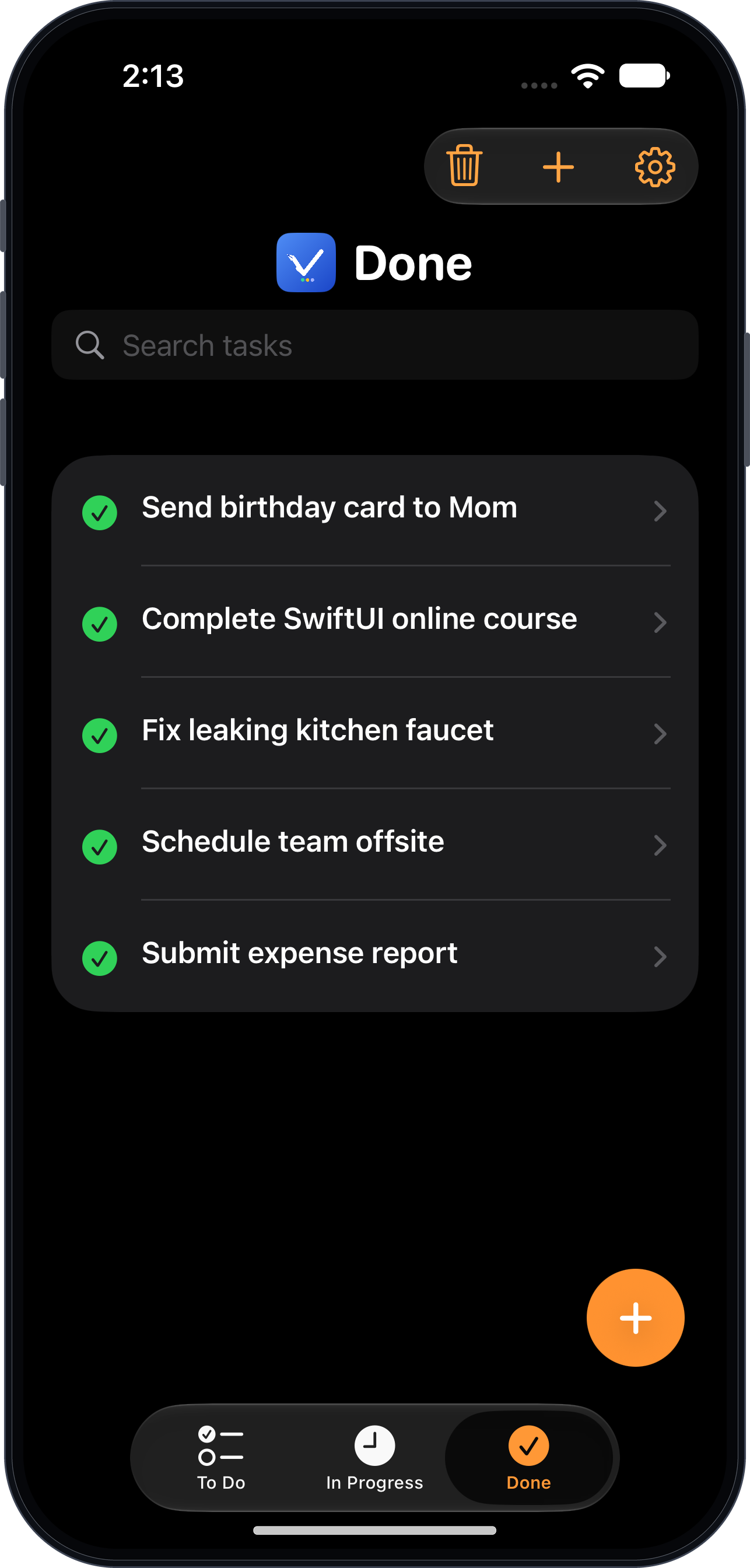 TaskPlate Done list showing completed tasks with green checkmarks, framed in an iPhone mockup