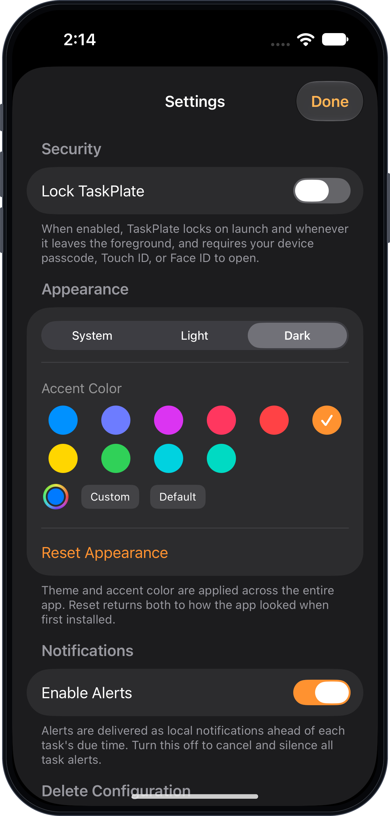TaskPlate Settings screen in dark mode showing App Configuration section with Auto-Sink enabled, framed in an iPhone mockup