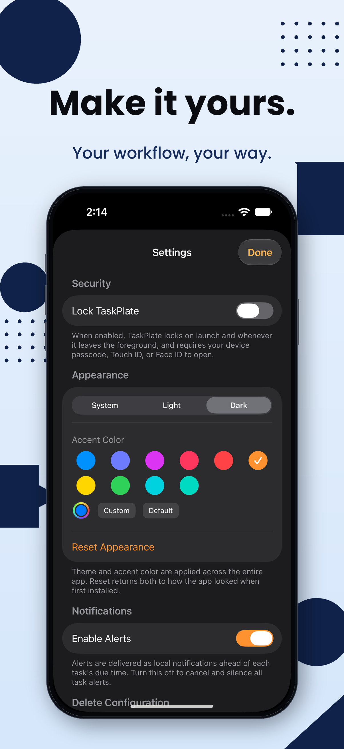TaskPlate settings, themes and app lock