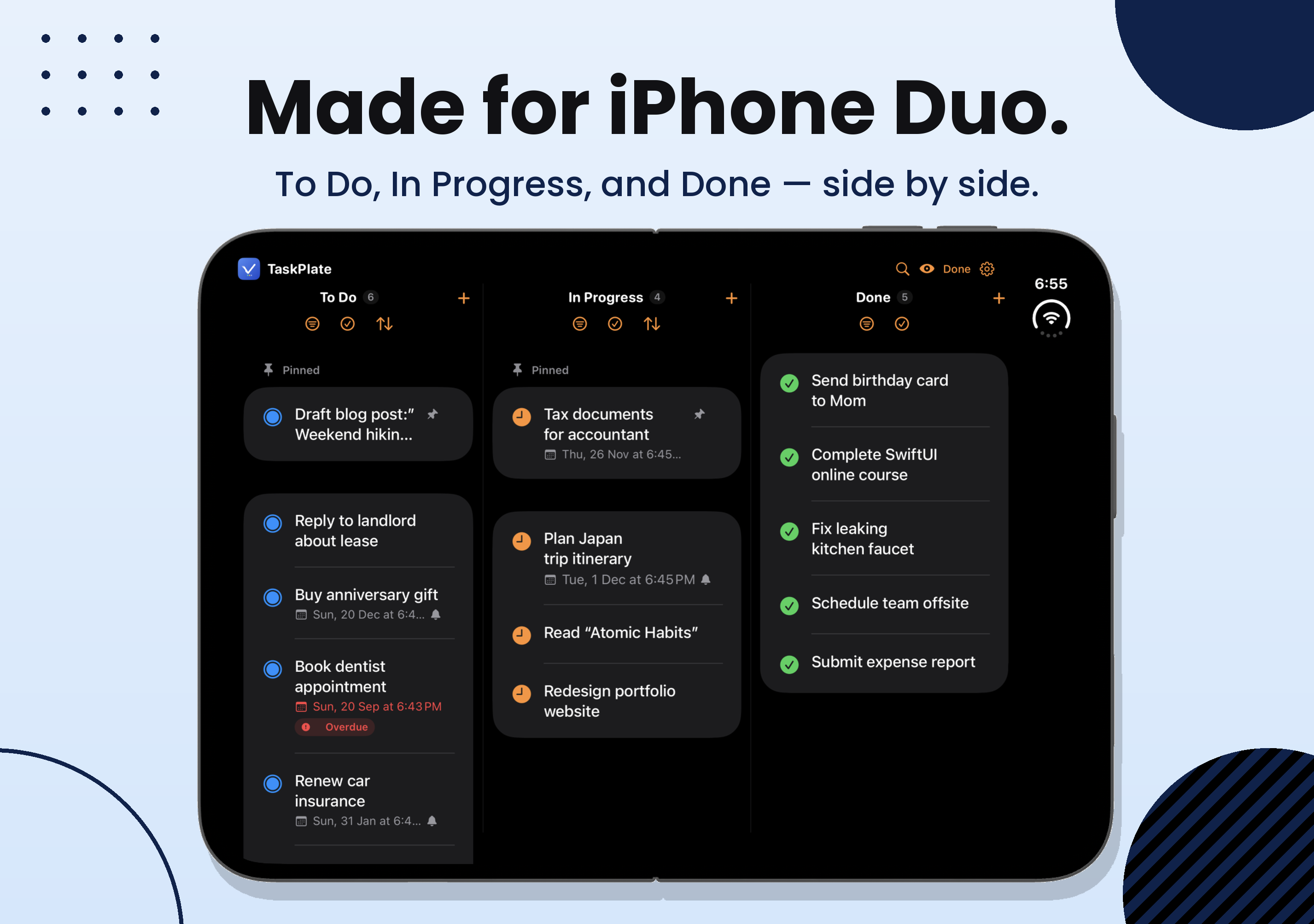 TaskPlate on iPhone Duo, open, with To Do, In Progress and Done side by side
