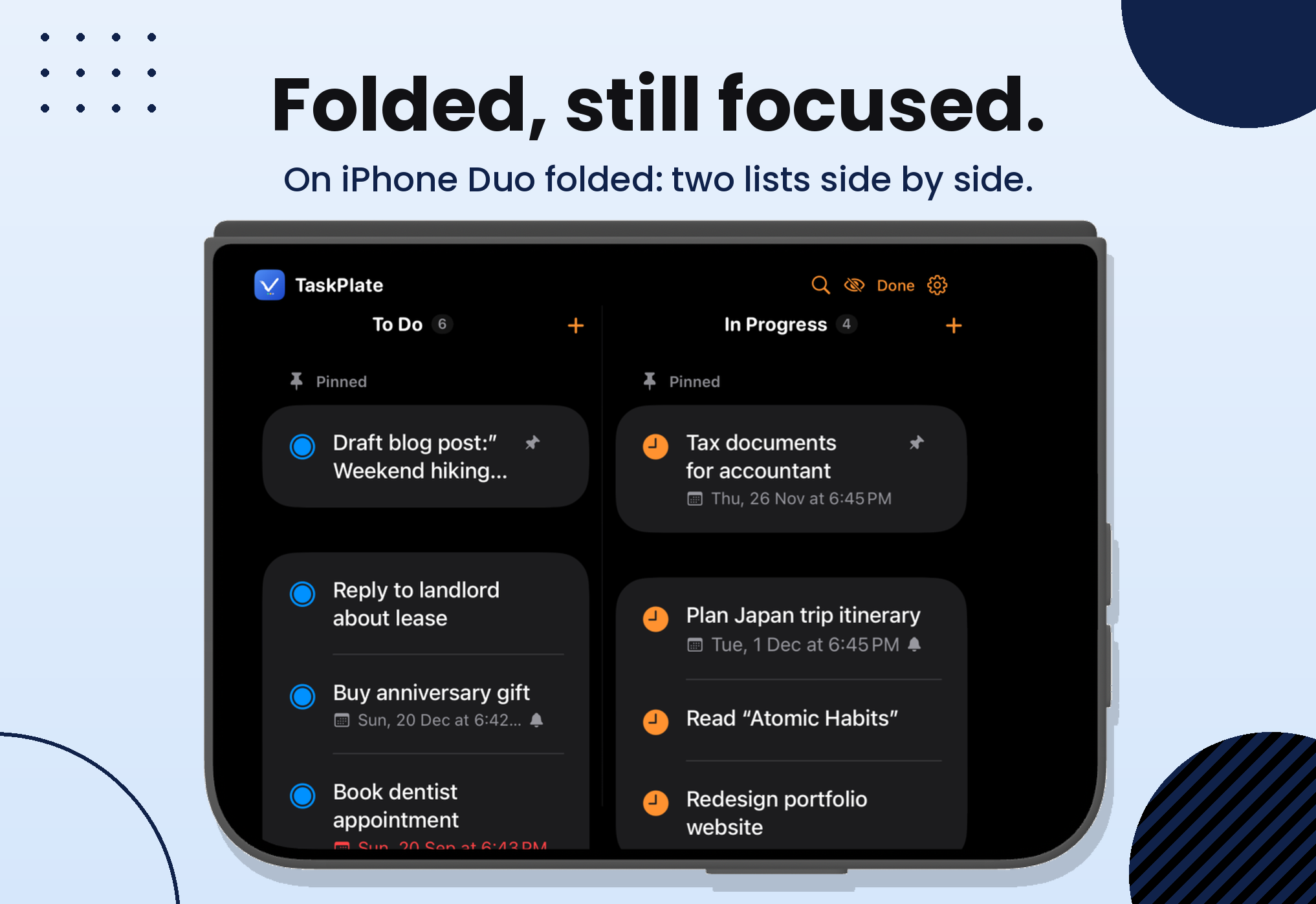 TaskPlate on iPhone Duo, folded and sideways, with two lists side by side