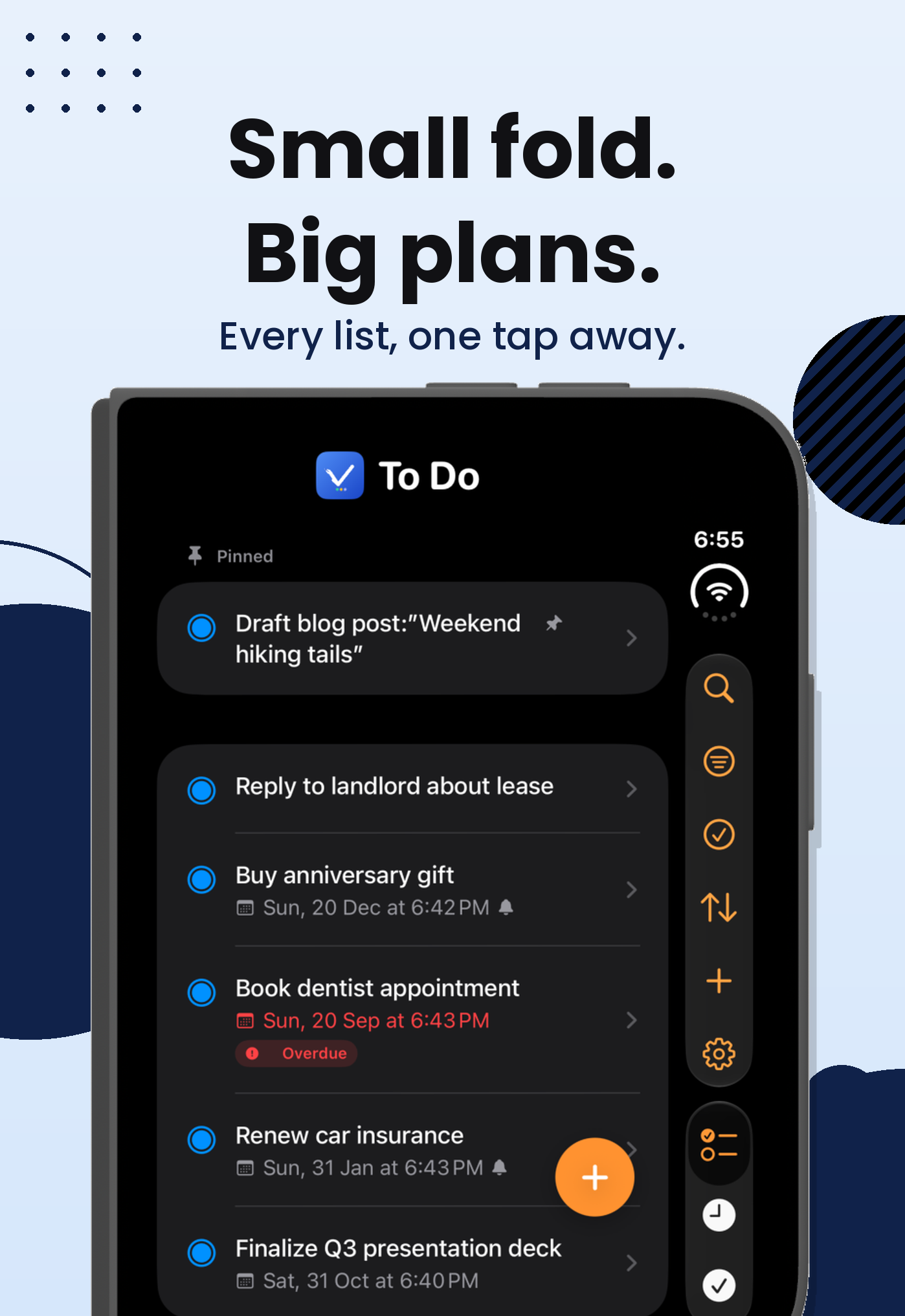 TaskPlate on iPhone Duo, folded and upright, showing the To Do list with the tab bar on the side