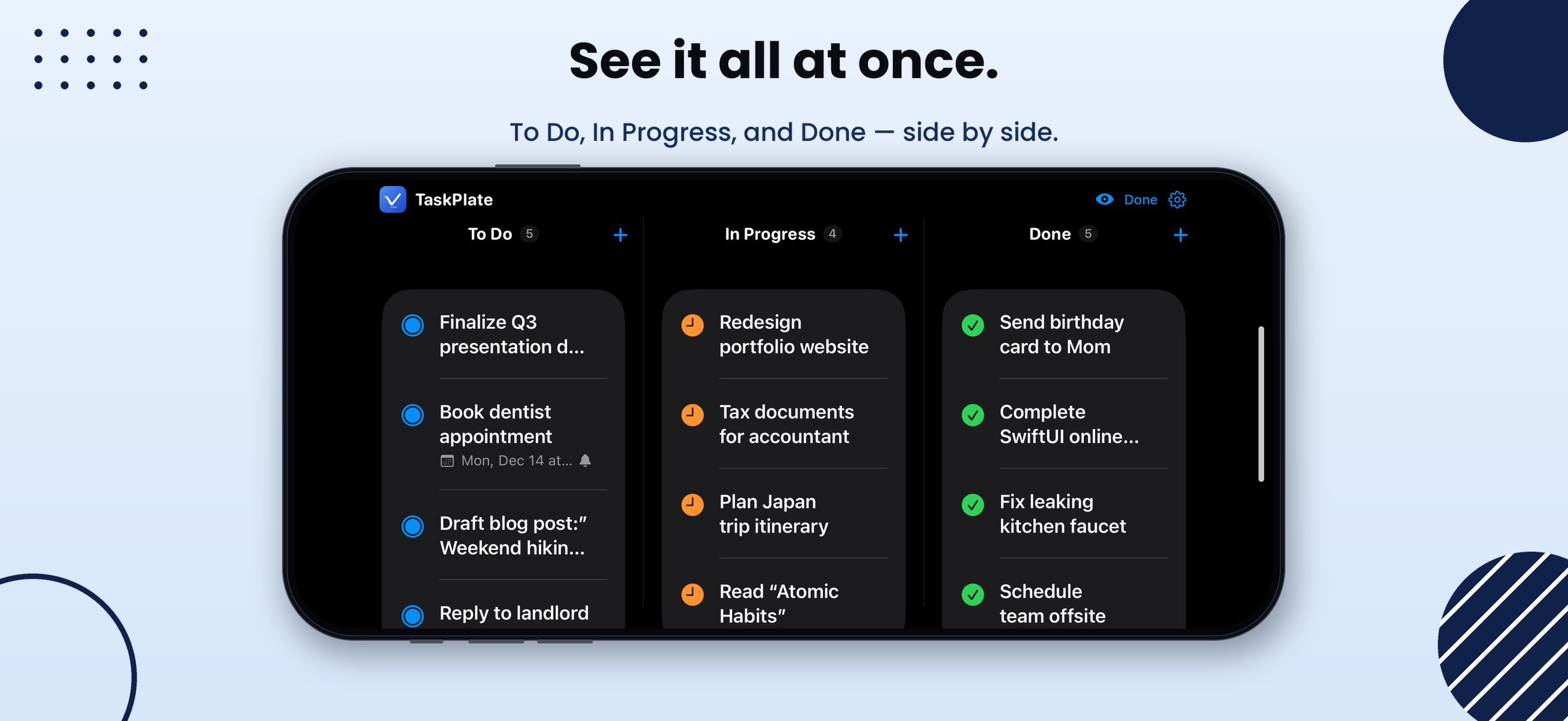 TaskPlate in landscape on iPhone, with the To Do, In Progress and Done lists side by side